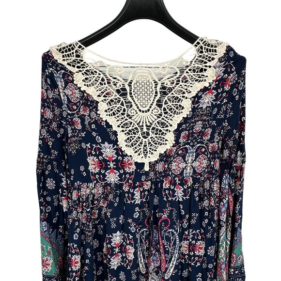 Entro Floral Boho Dress Mini Relaxed Navy Blue Bell Long Sleeve Babydoll Small - Picture 6 of 9